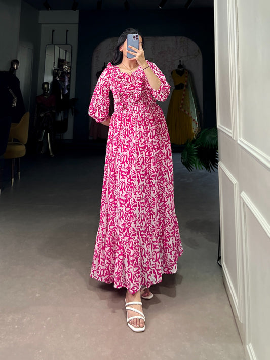 Adorable Pink Color Georgette Printed Frock For Summer Wear