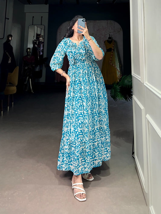 Sky color georgette printed long gown for women
