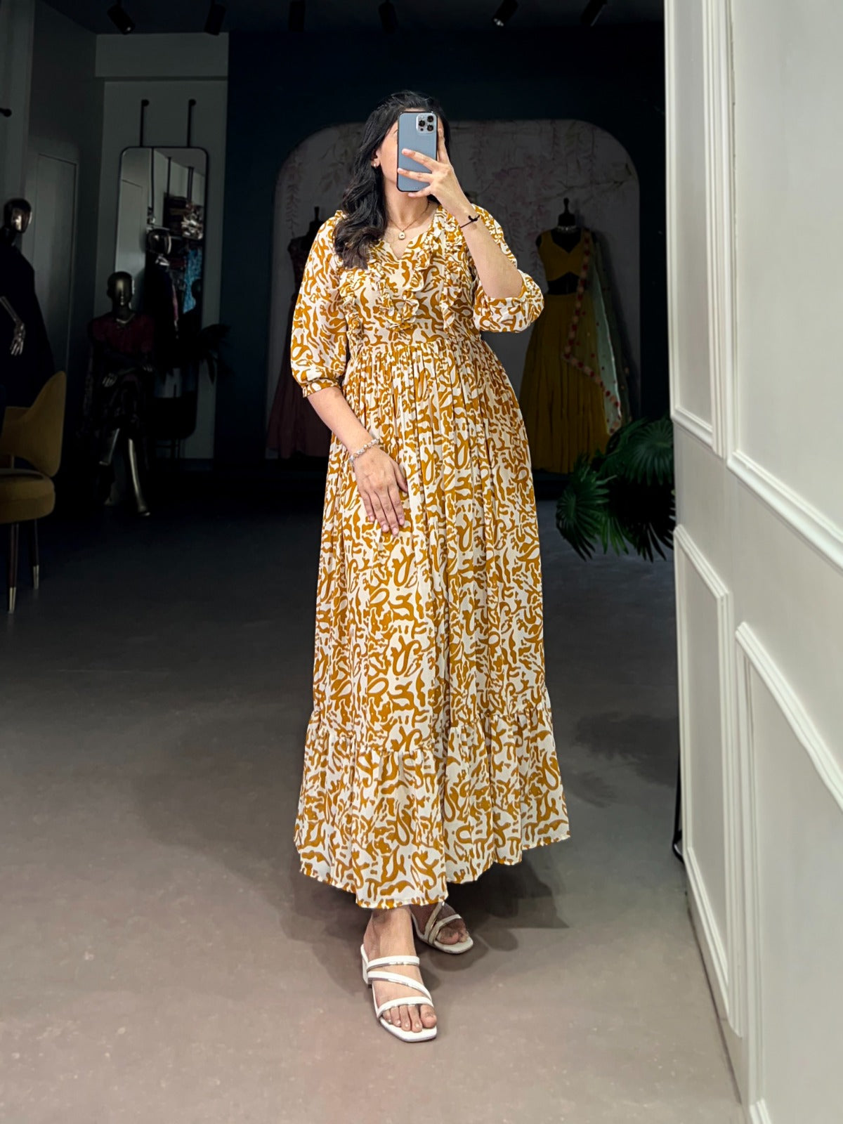 Mustard color georgette printed gown online