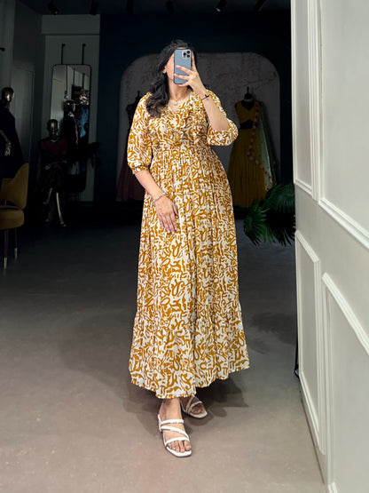 Mustard color georgette printed gown online
