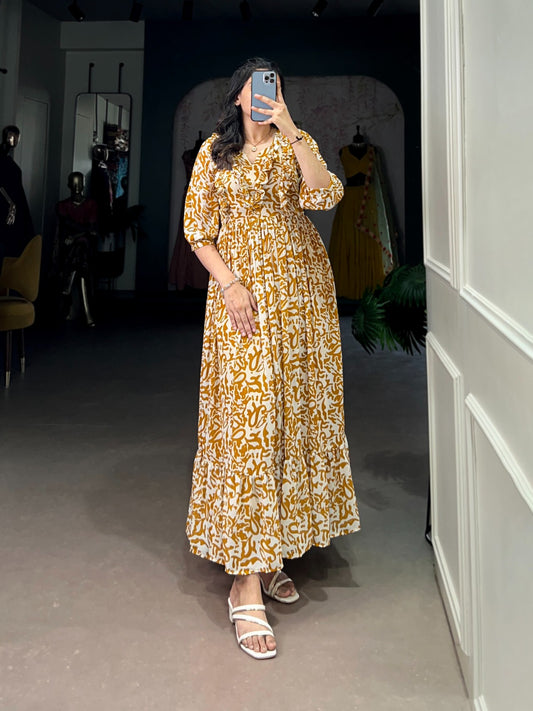 Mustard color georgette printed gown online