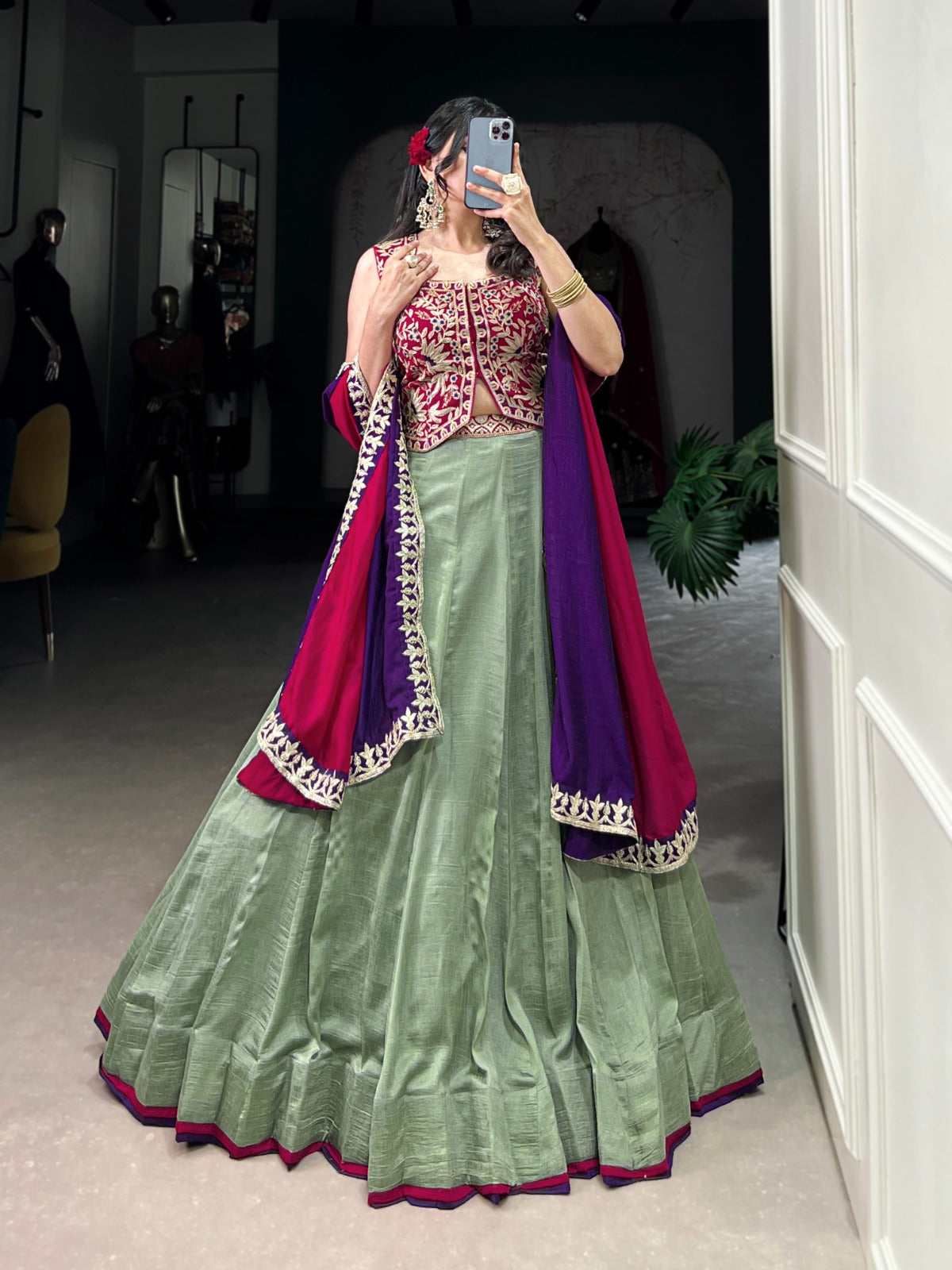 Sea green color vichitra silk lehenga choli for women