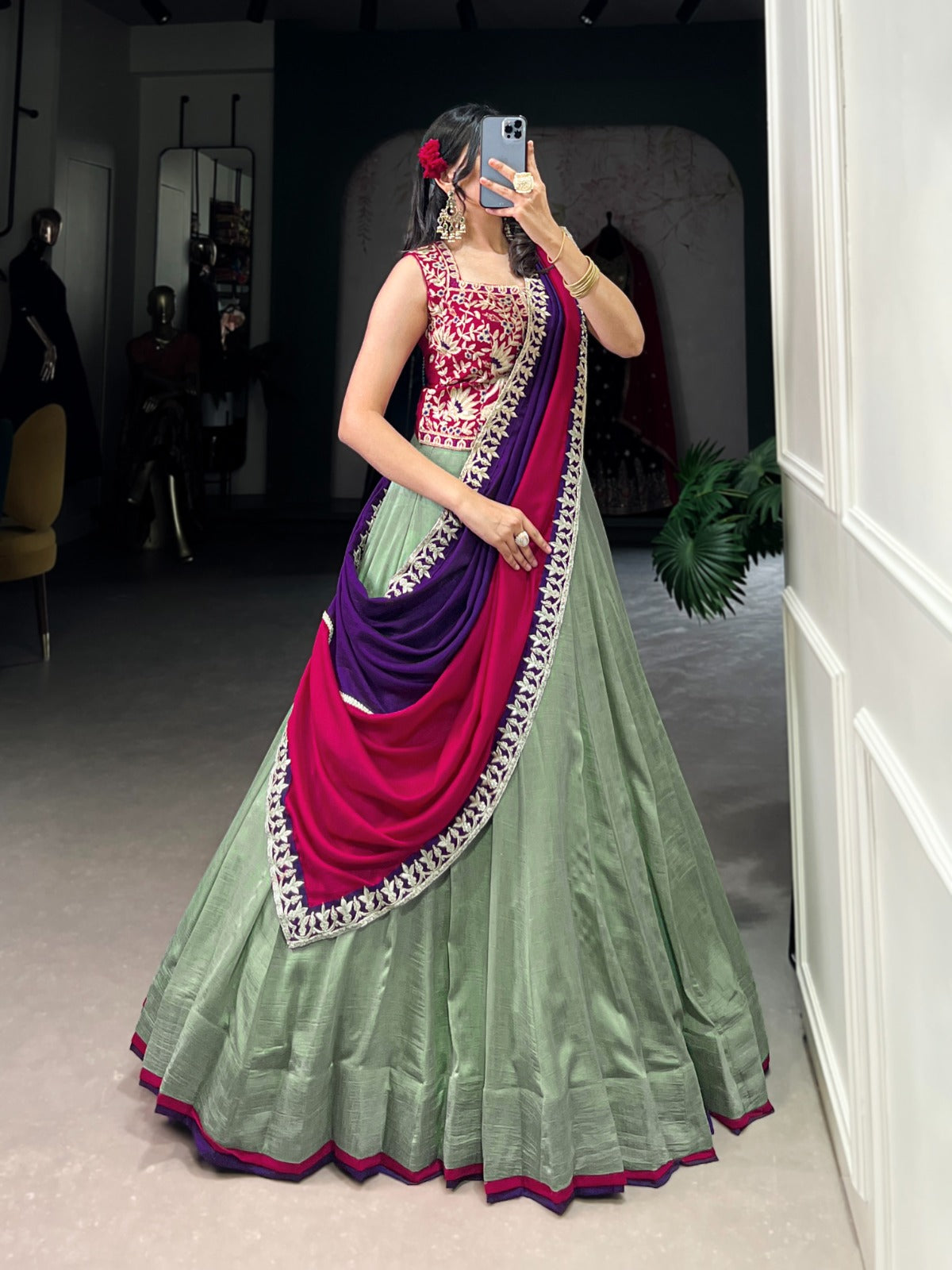 Sea green color vichitra silk lehenga choli with dupatta 