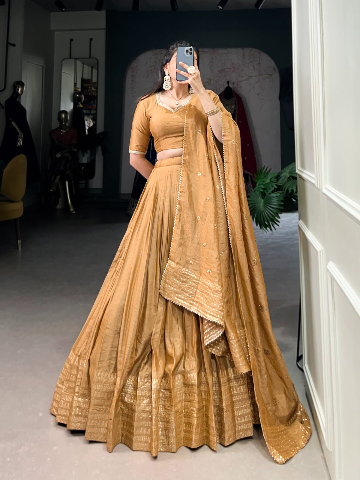 Mustard color pure chanderi lehenga choli for women