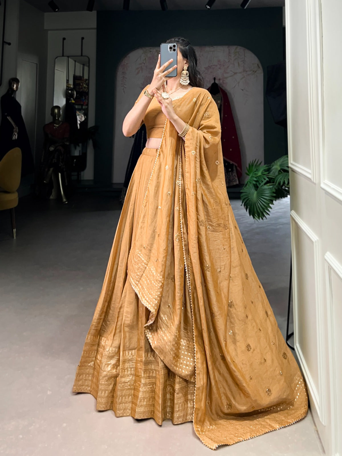 Mustard color pure chanderi lehenga choli with dupatta