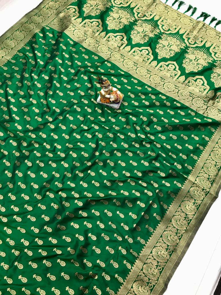 Green color banarasi silk saree for women