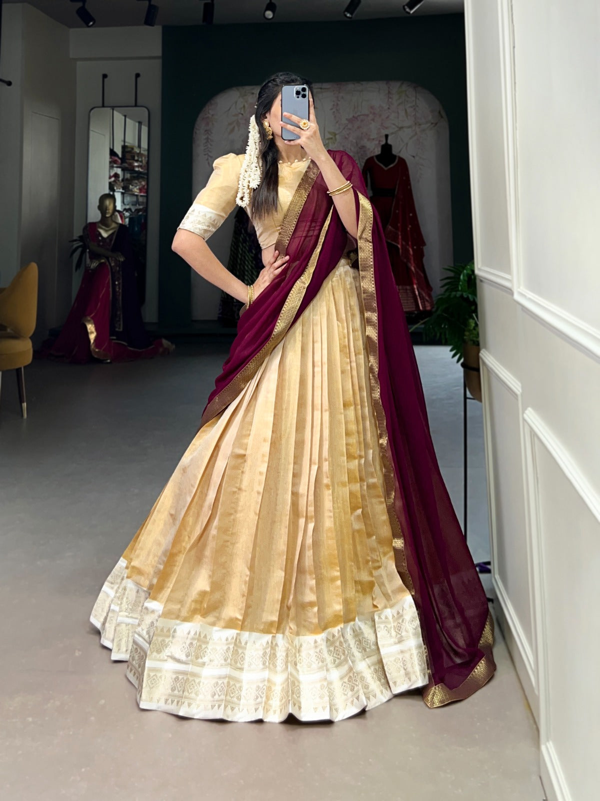 Cream color kanchipuram lehenga choli for women