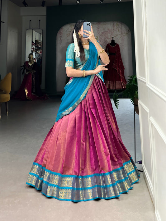 Pink color kanchipuram lehenga choli for women online shopping
