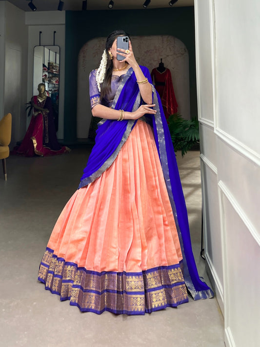 Peach color kanchipuram lehenga choli for women