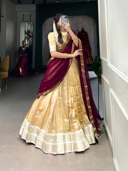Cream color kanchipuram lehenga choli for wedding