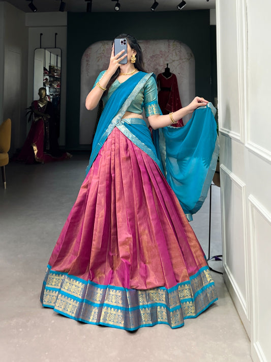 Pink color kanchipuram lehenga choli for women online
