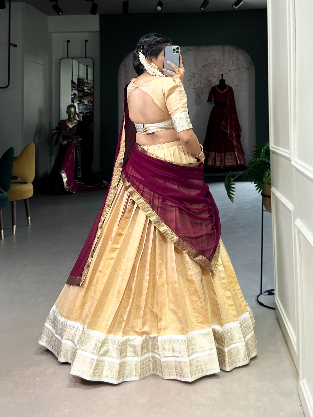 Cream color kanchipuram lehenga choli with dupatta