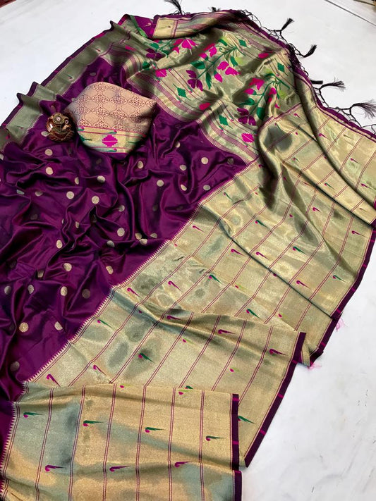 Wine color paithani silk saree for women