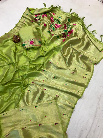 Parrot color paithani silk weaving saree online