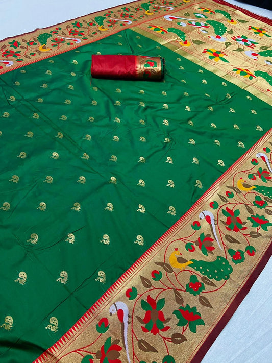 Green color paithani silk saree for women