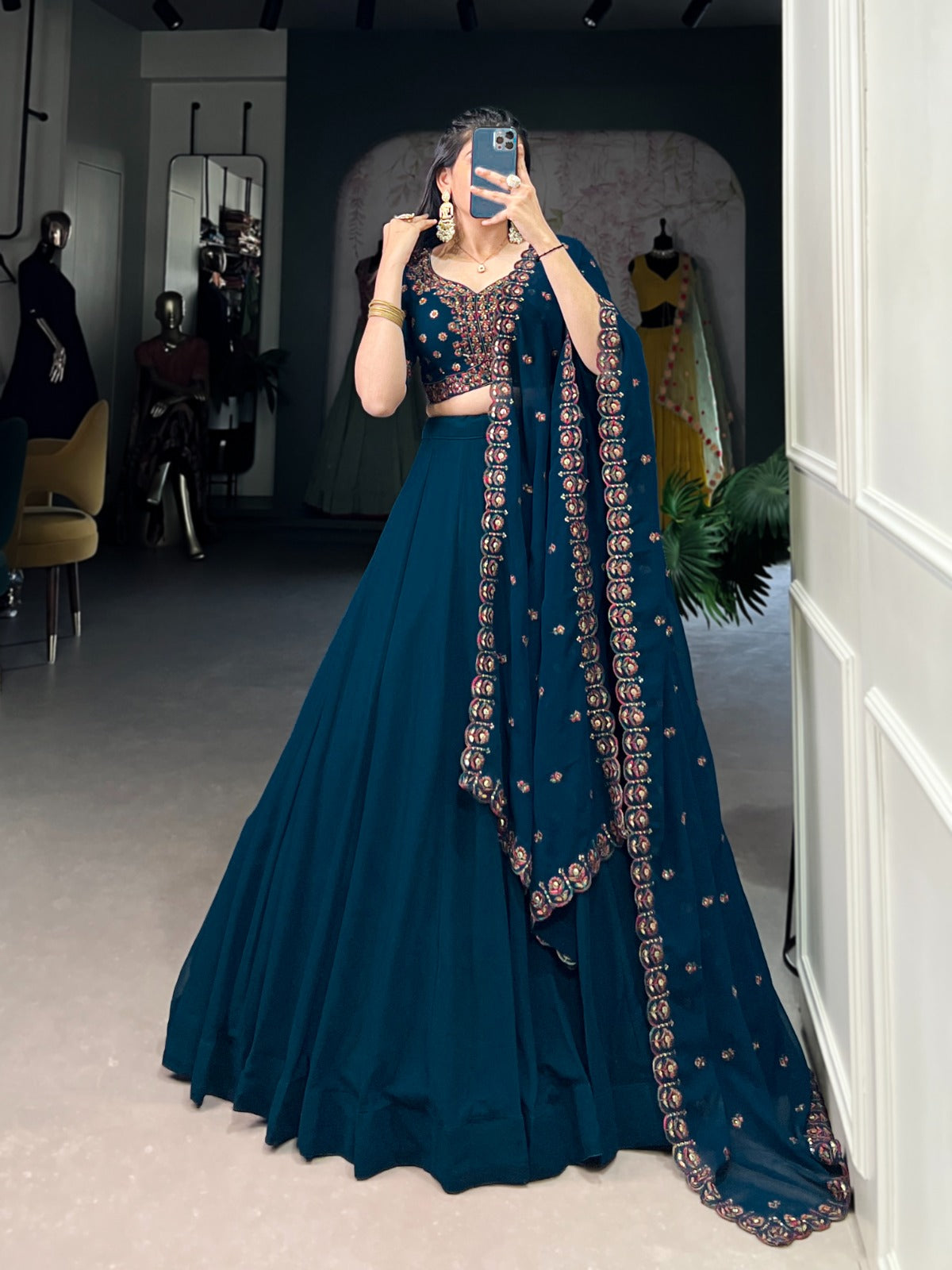 Firozi color georgette lehenga choli for women