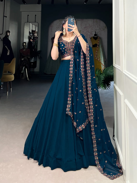 Firozi color georgette lehenga choli for women