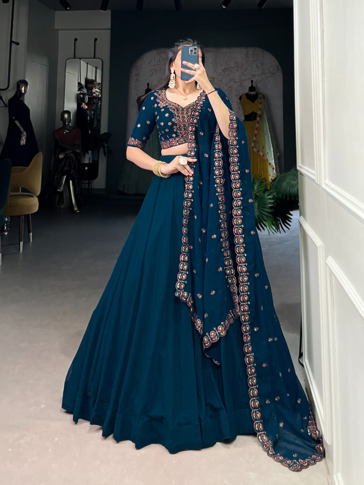 Firozi color georgette lehenga choli for wedding