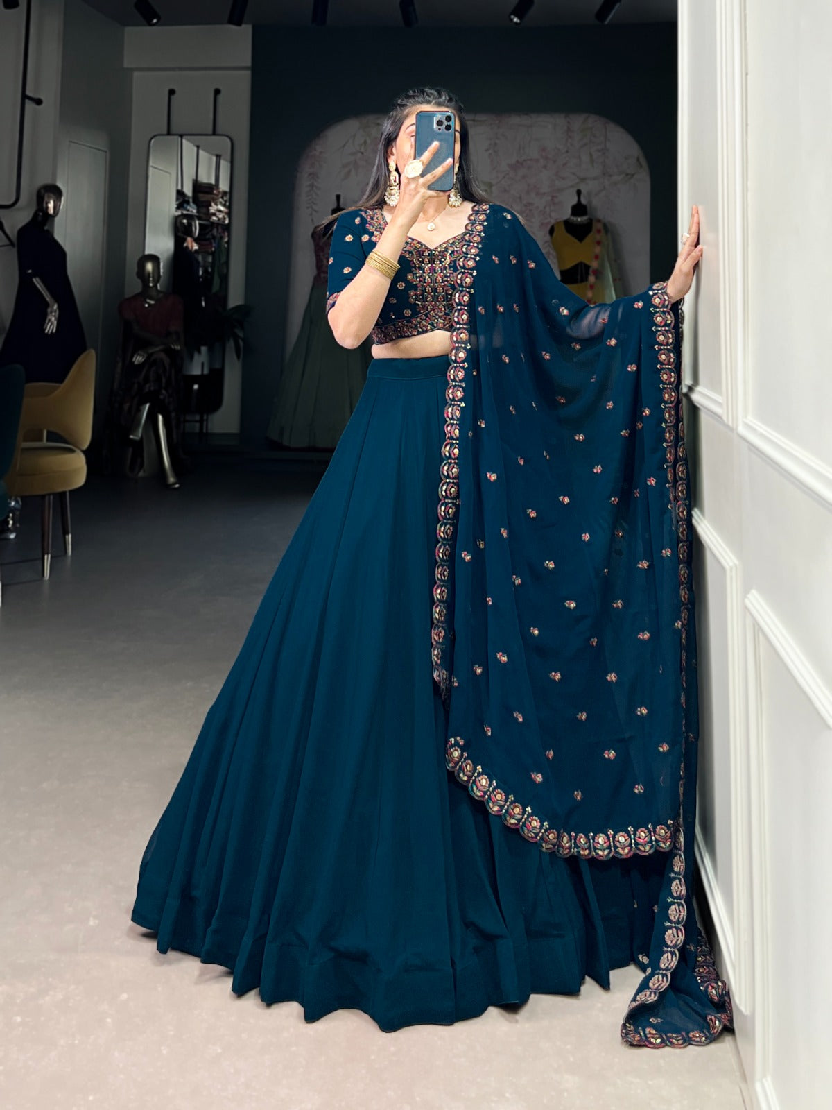 Firozi color georgette lehenga choli with dupatta online