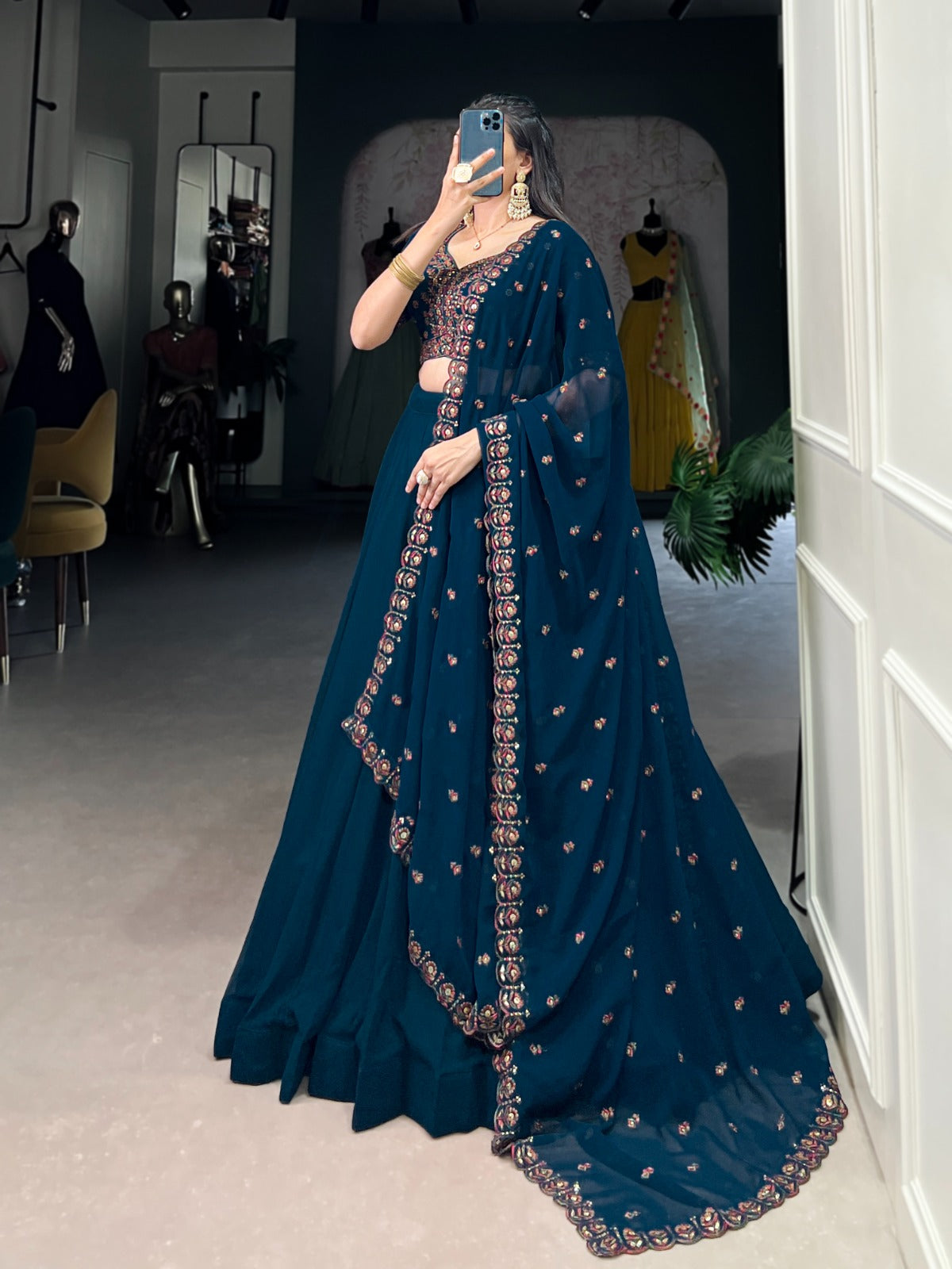 Firozi color georgette lehenga choli with price