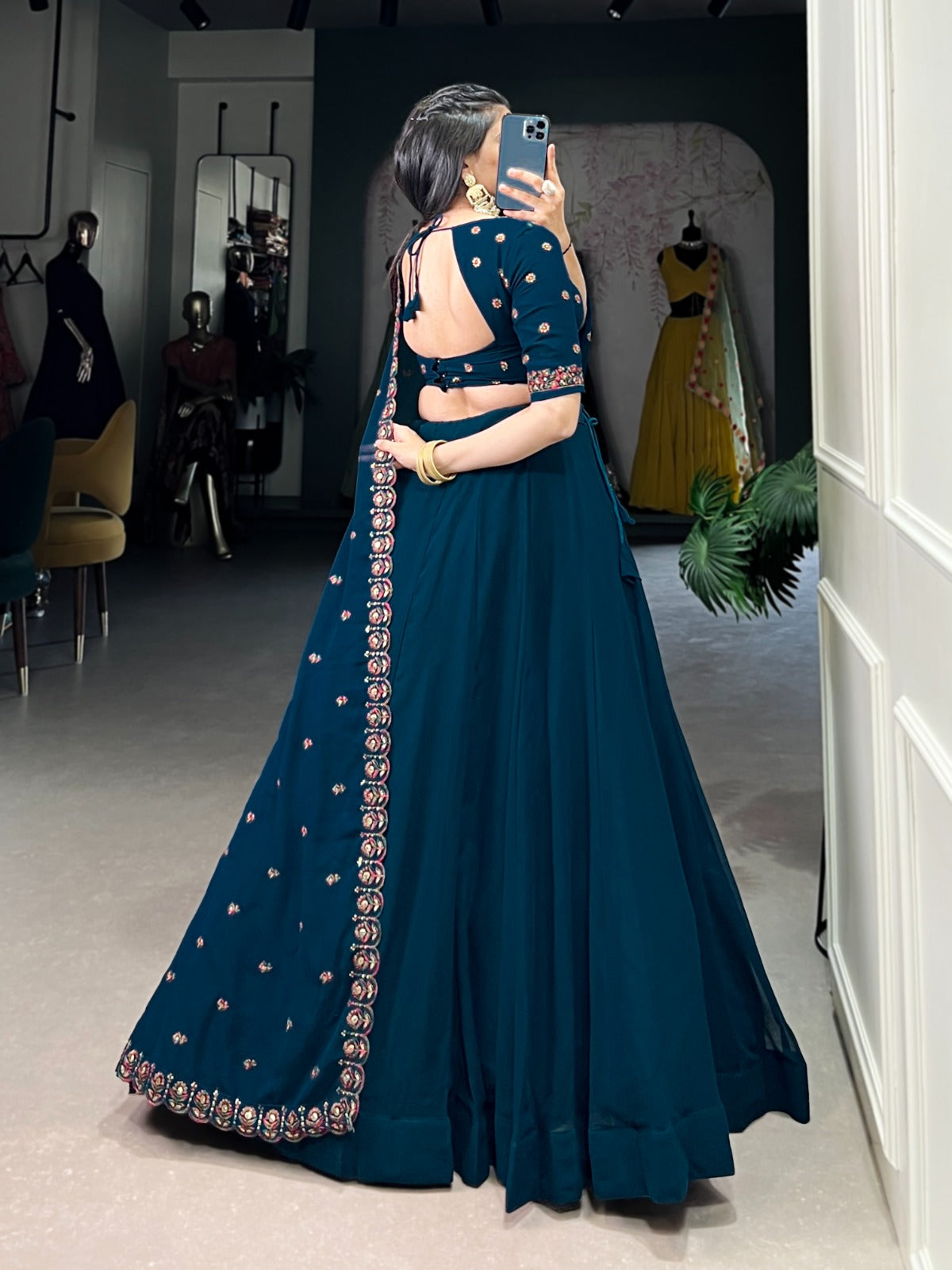 Firozi color georgette lehenga choli with images