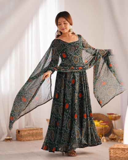 Green color chifforn bandhej gown for women