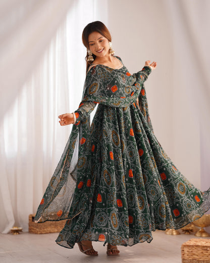 Green color chifforn bandhej printed gown online