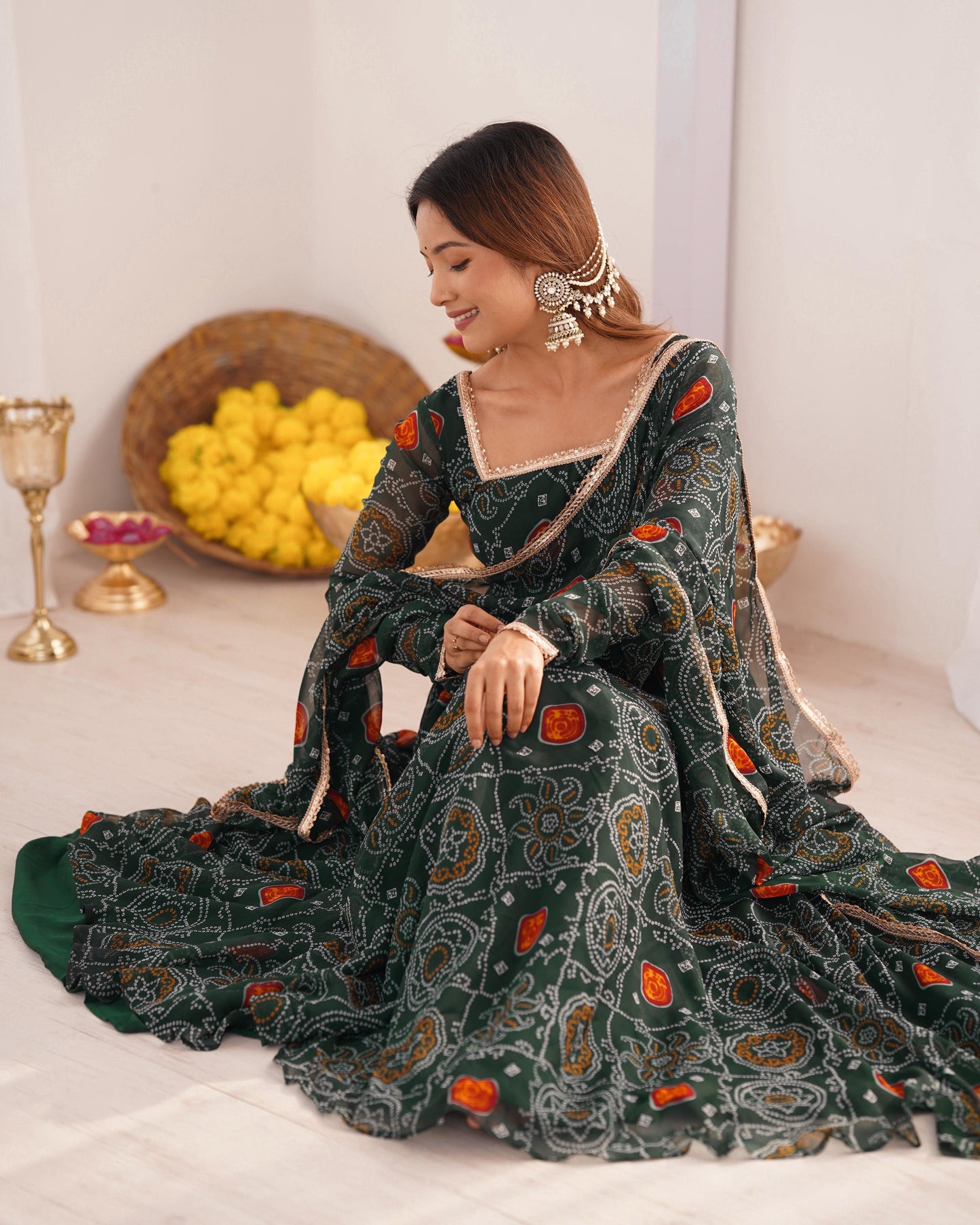 Green color chifforn bandhej printed gown with dupatta