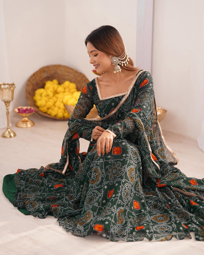 Green color chifforn bandhej printed gown with dupatta