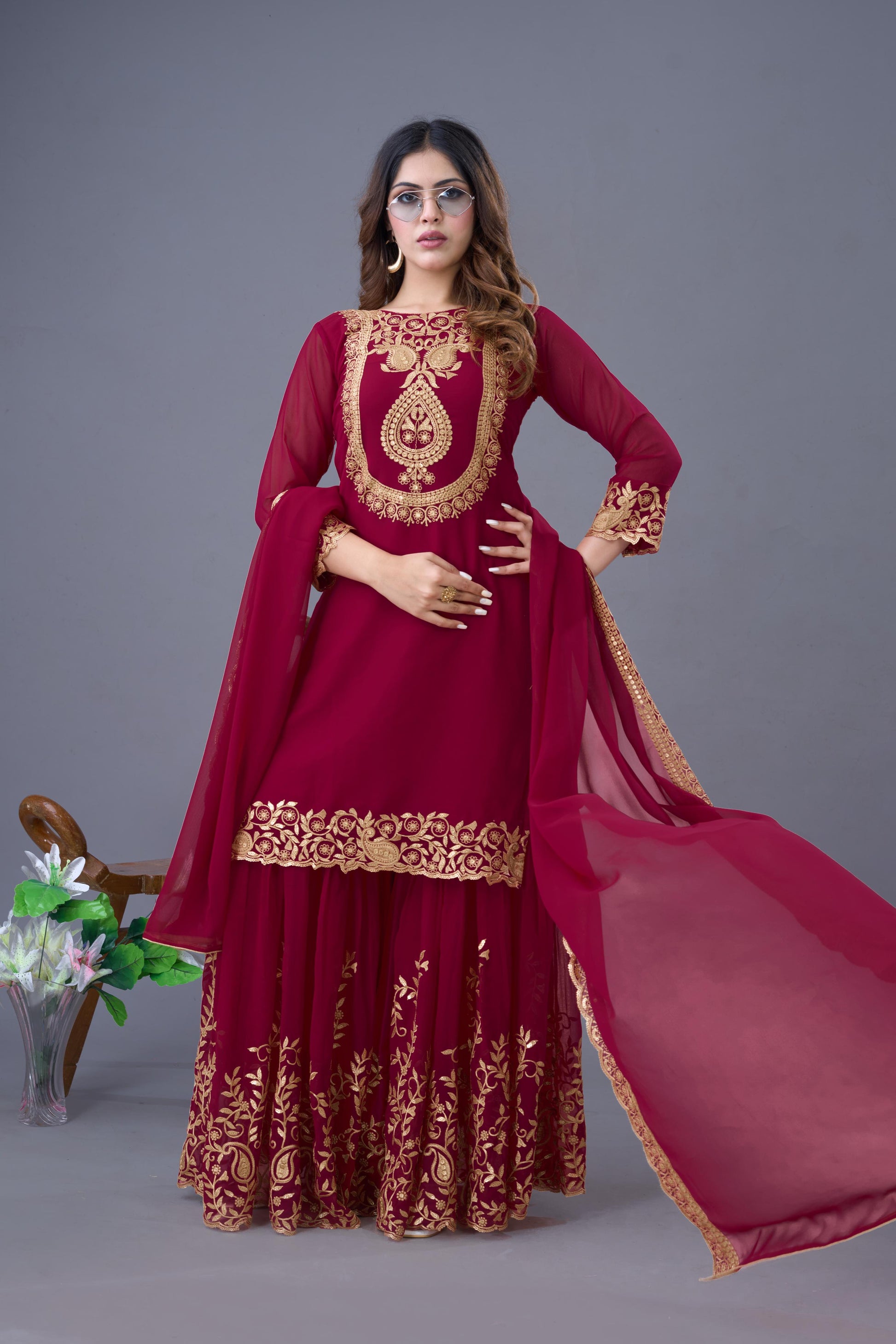 Pink color georgette sharara suit with dupatta online
