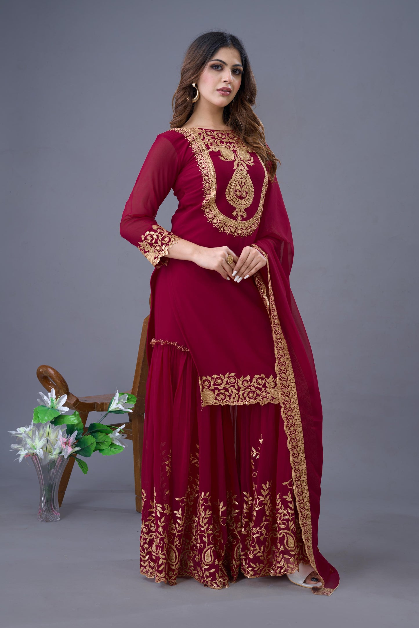 Pink color georgette sharara suit with dupatta design