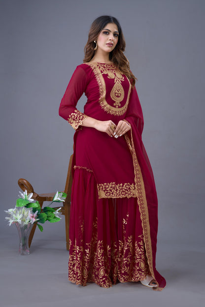 Pink color georgette sharara suit with dupatta design