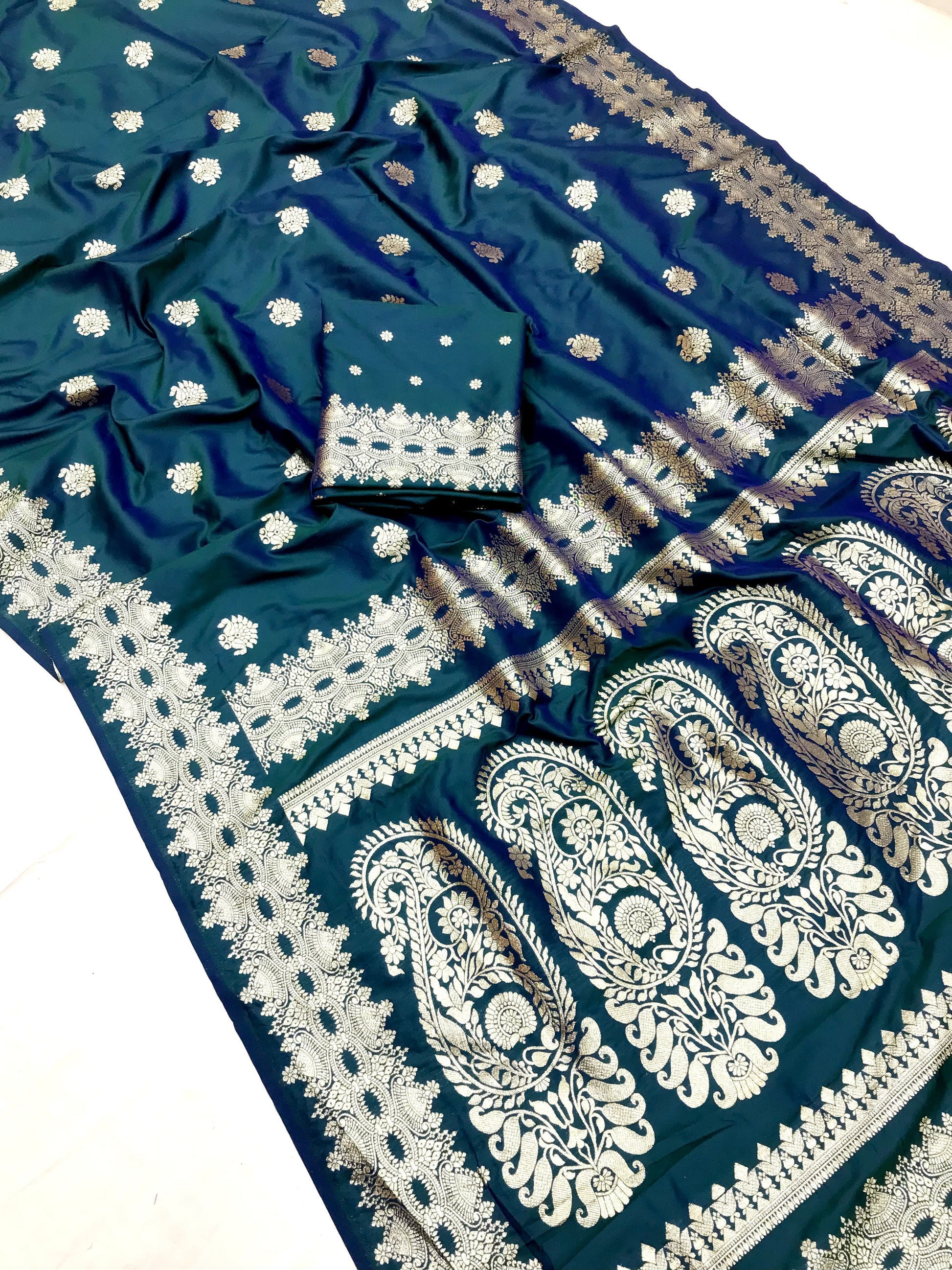 Teal color banarasi silk saree with blouse online shopping