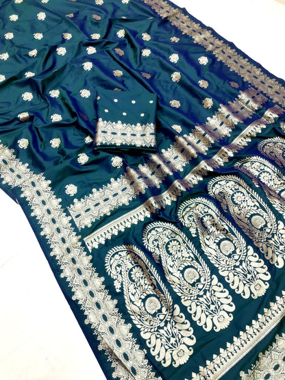 Teal color banarasi silk saree with blouse online shopping
