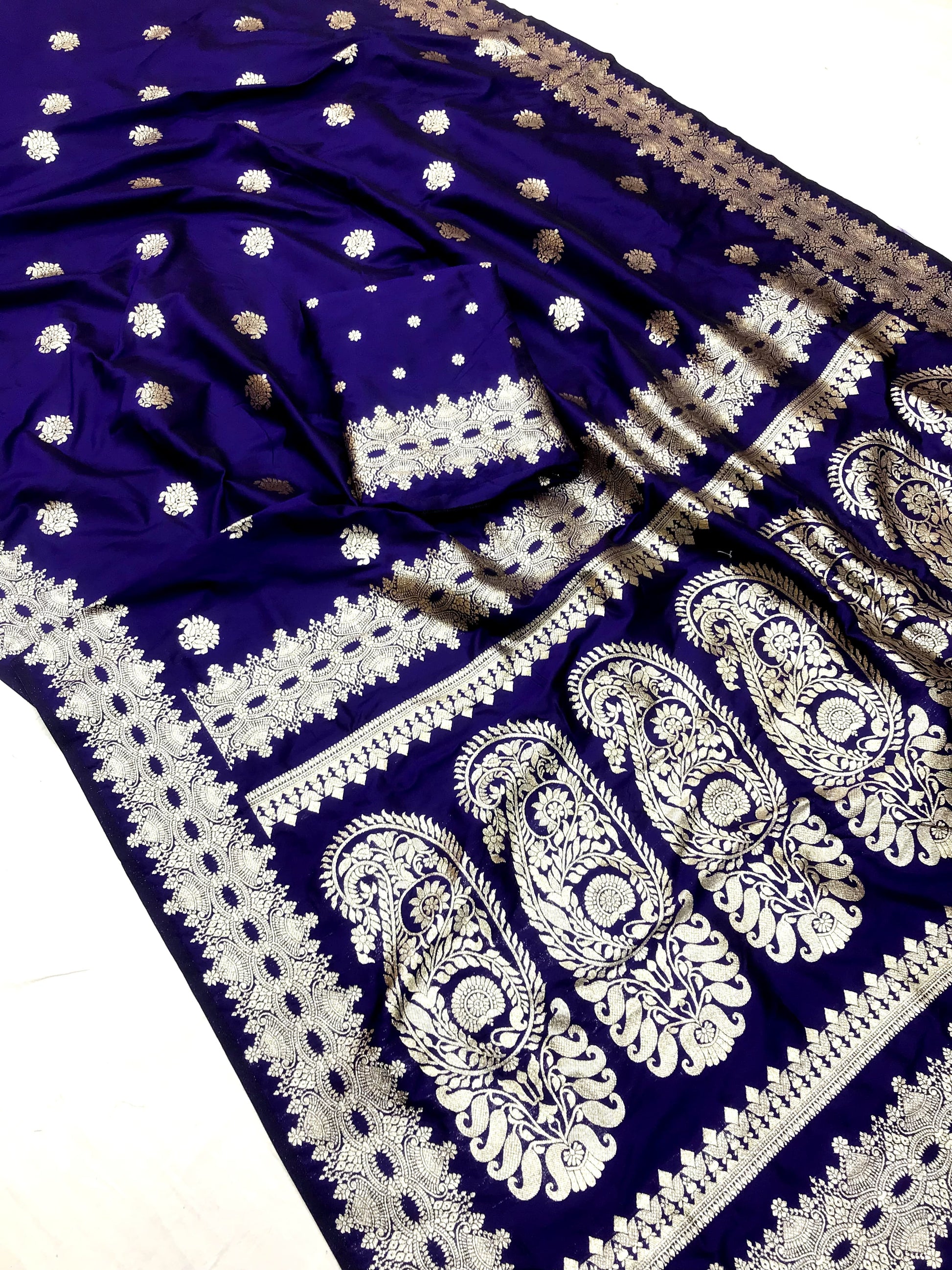 Navy Blue color banarasi silk saree with blouse images