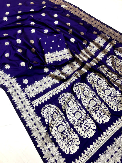 Navy Blue color banarasi silk saree with blouse images