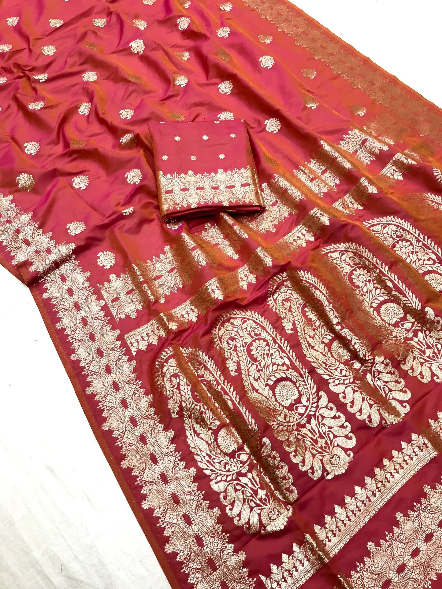 Rust color banarasi silk saree with blouse images