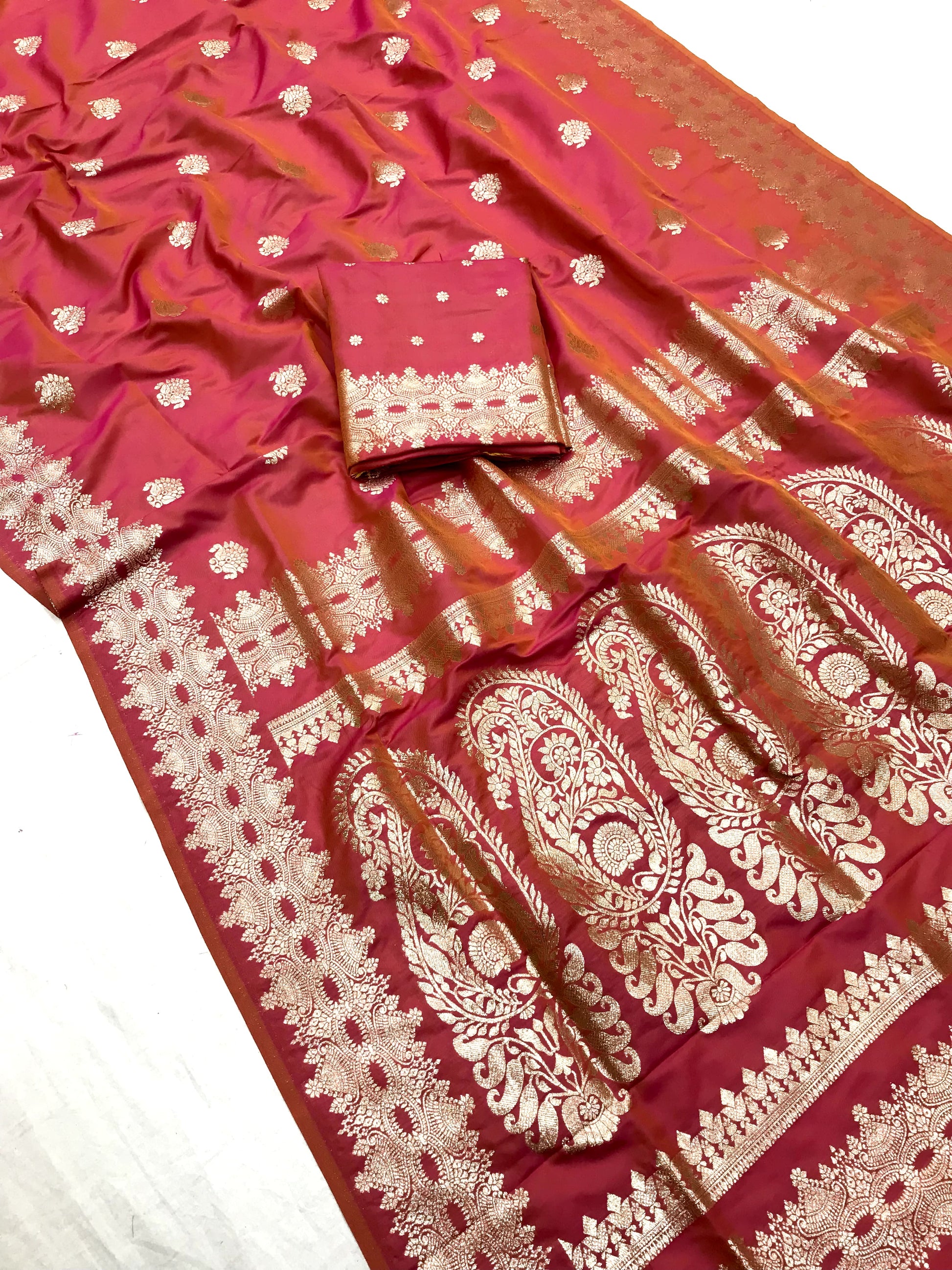 Rust color banarasi silk saree with blouse images