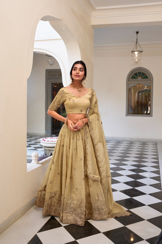 Off white color gold crush lehenga choli for women