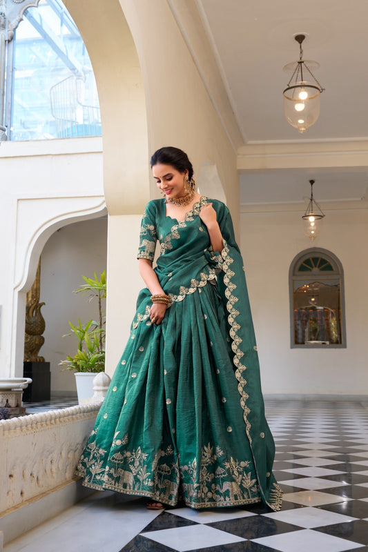Teal green color gold crush lehenga choli for women with price
