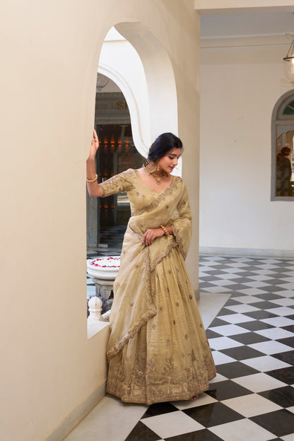 Off white color gold crush lehenga choli for wedding