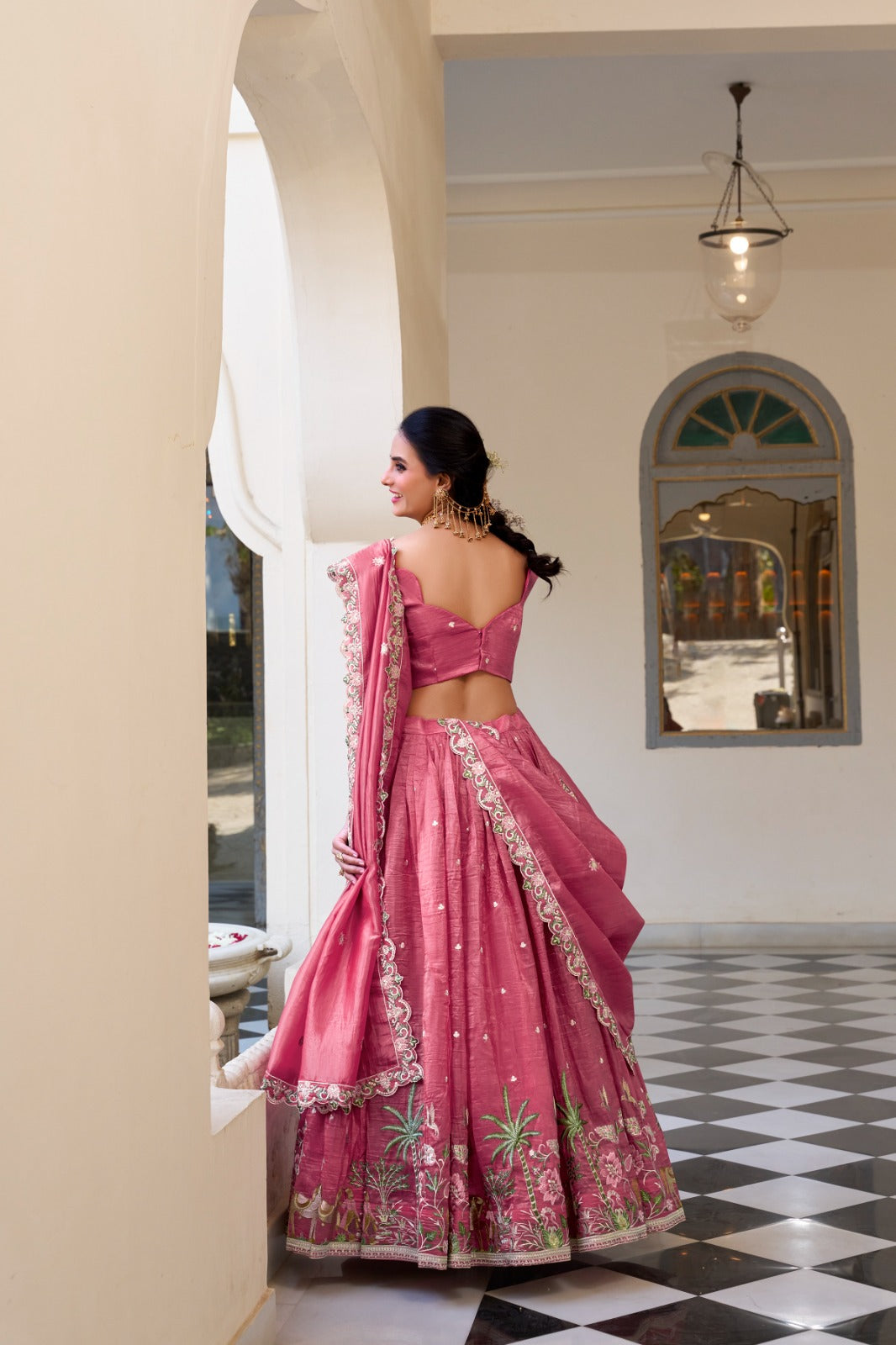 Pink color gold crush lehenga choli with dupatta online