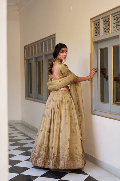 Off white color gold crush lehenga choli with dupatta