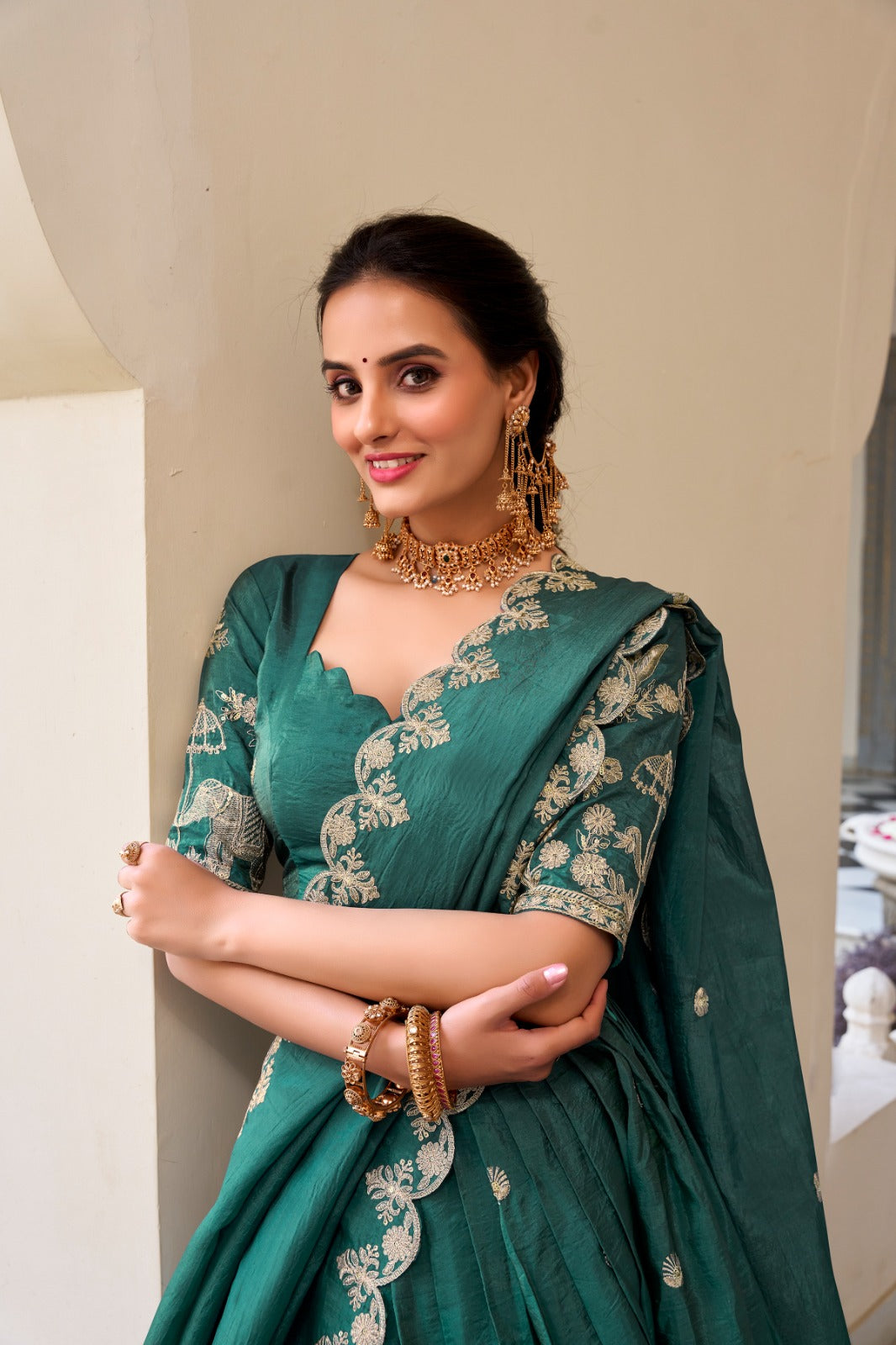 Teal green color gold crush lehenga choli for women images
