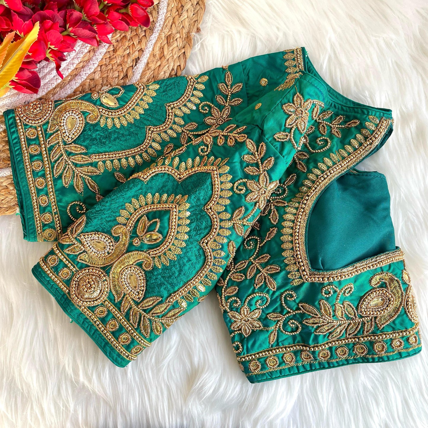 Rama color banarasi silk blouse for sarees