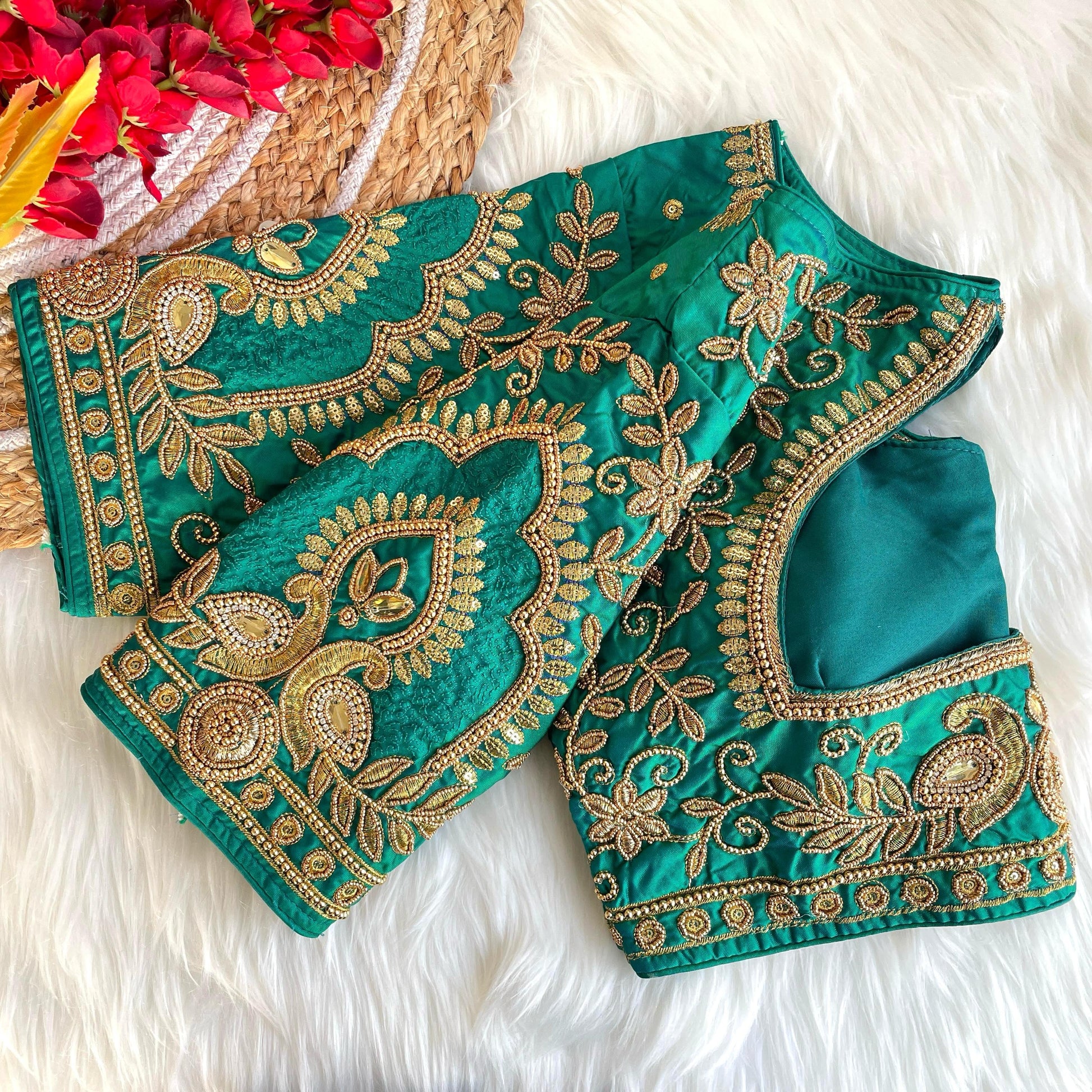 Rama color banarasi silk blouse for sarees