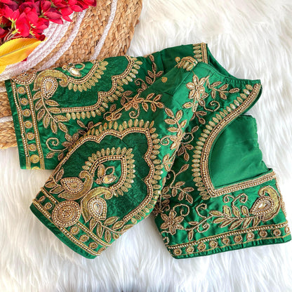 Green banarasi silk blouse for wedding