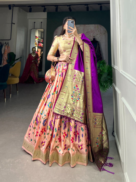 Peach color jacquard silk lehenga choli for women online

