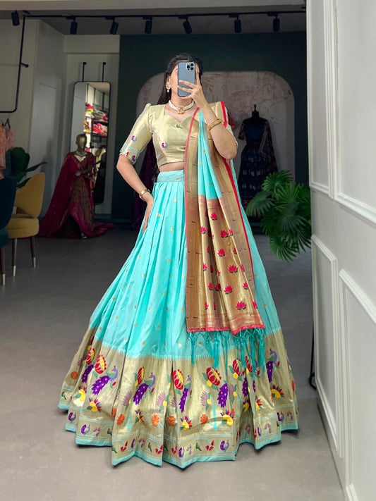 Sky color jacquard silk lehenga choli for women