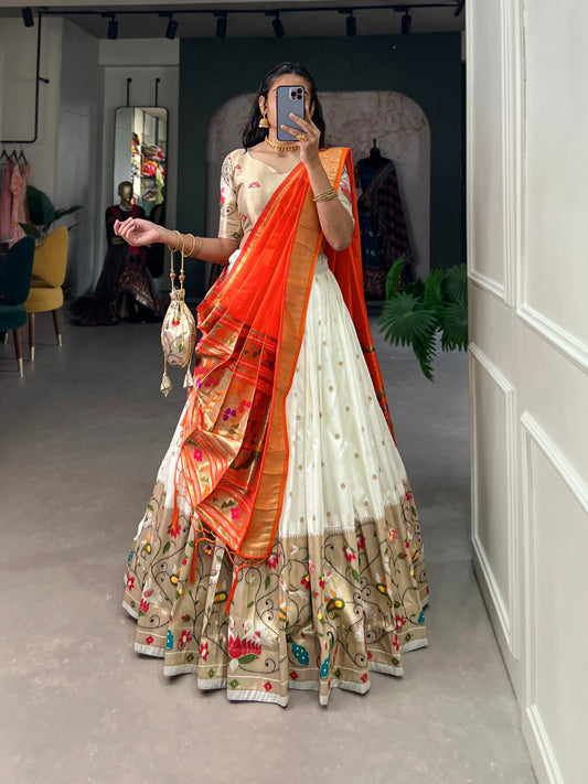 White color jacquard silk lehenga choli for women